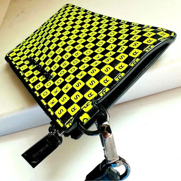 Unisex Micheal Kors Neon Checkerboard Logo Leather Coin Purse - Picture 3 of 8